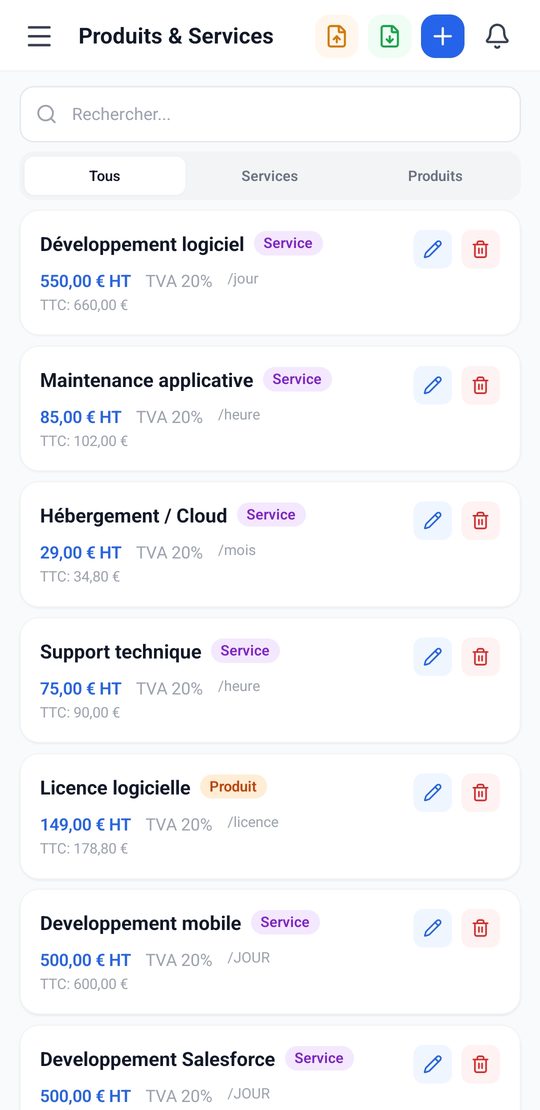 Liste des produits et services