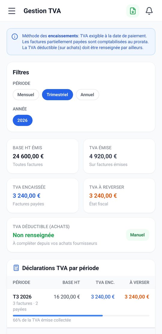 Écran Gestion TVA : base HT, TVA émise, TVA encaissée et TVA à reverser par période.